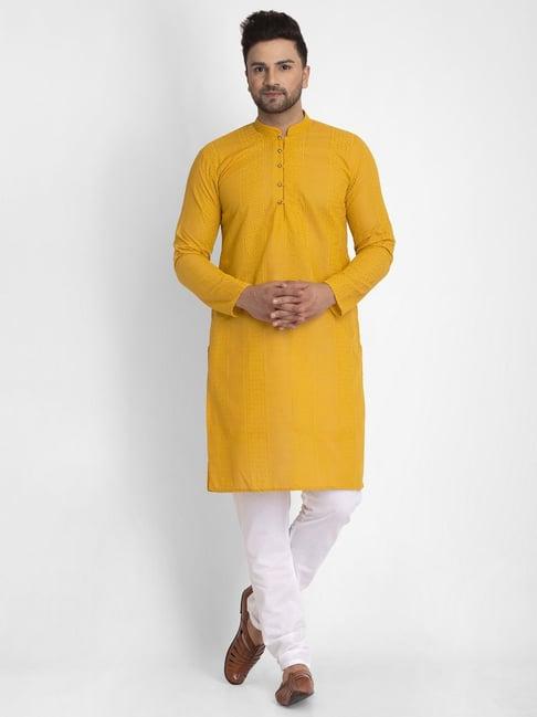 jompers yellow cotton regular fit embroidered kurta & churidar