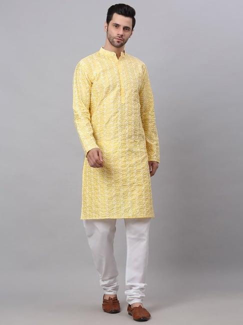 jompers yellow cotton regular fit embroidered kurta sets