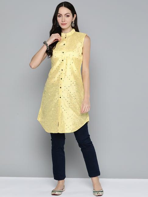 jompers yellow embroidered a line kurti