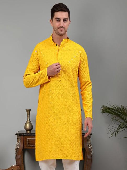 jompers yellow regular fit chikankari embroidered kurta