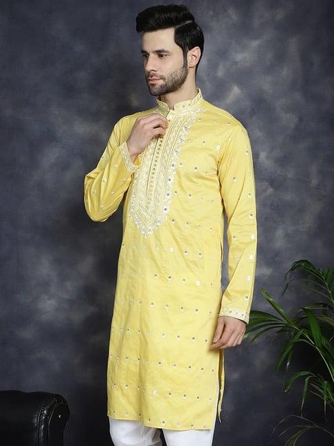 jompers yellow regular fit chikankari kurta