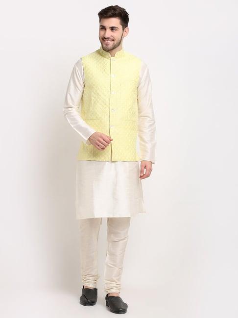 jompers yellow regular fit embroidered kurta set & nehru jacket