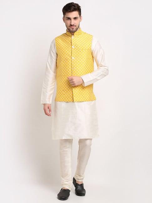 jompers yellow regular fit embroidered kurta set & nehru jacket