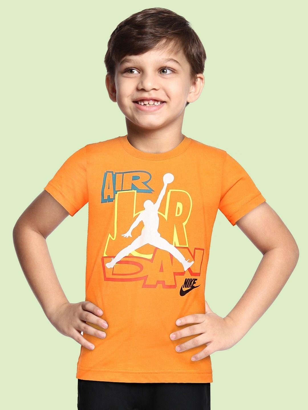 jordan boys orange & white brand logo printed pure cotton t-shirt
