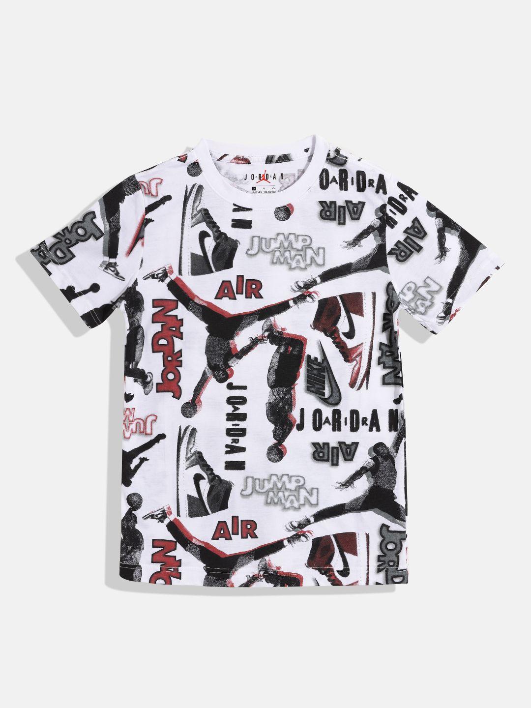 jordan boys white & black throwback pure cotton graphic printed t-shirt