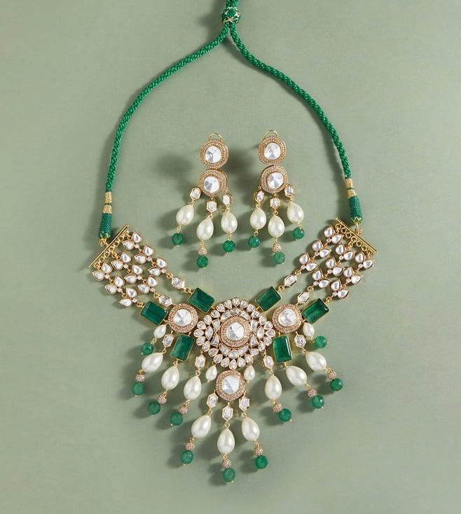 joules by radhika bridal necklace set with green jades & pearls