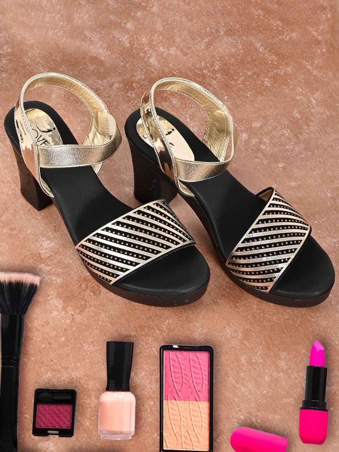 jove gold-toned & black striped leather block heels