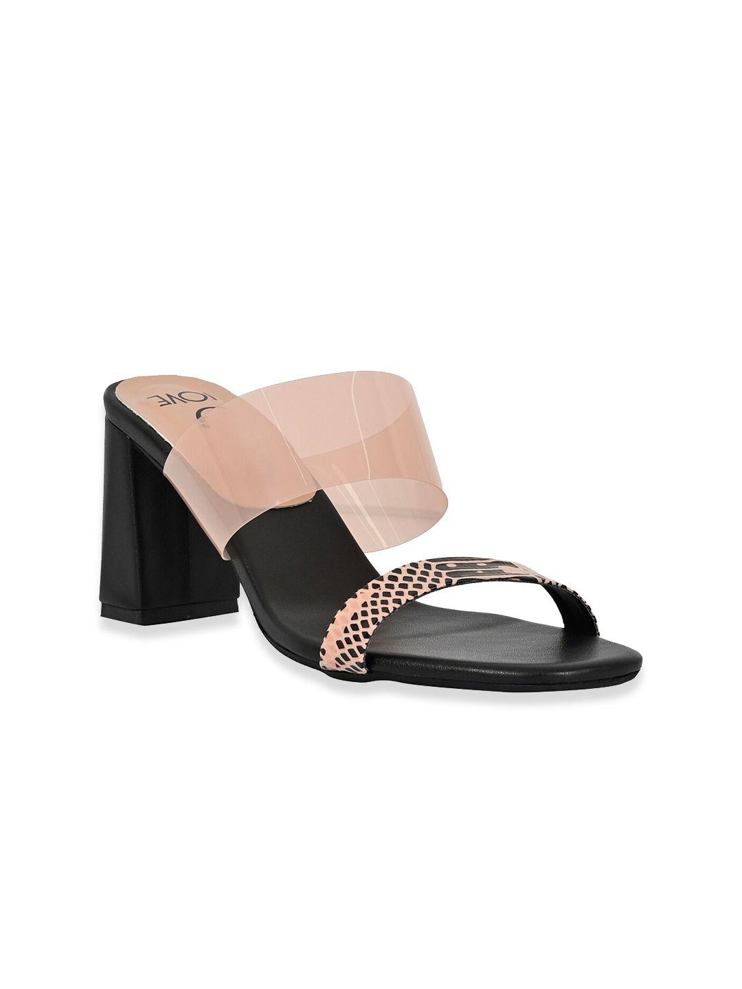 jove nude-coloured & black printed pu block sandals