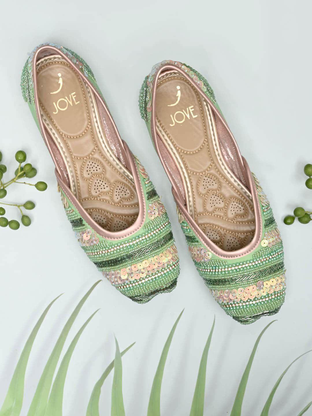 jove women green printed ethnic mules flats