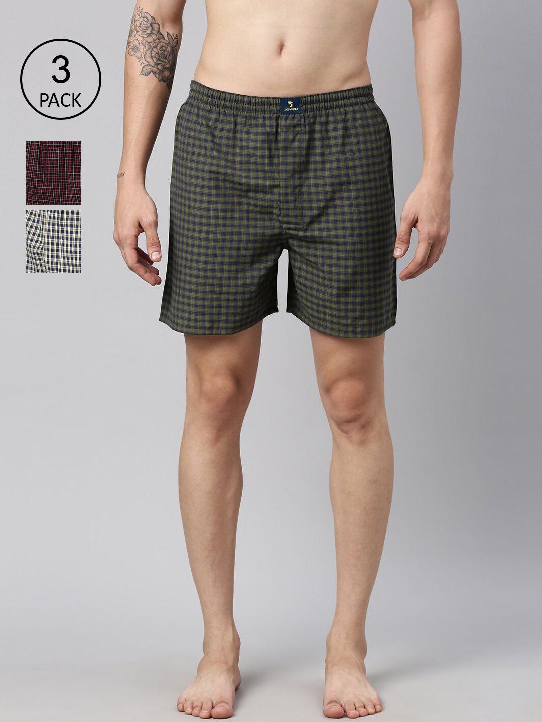 joven men pack of 3 checked printed pure cotton boxers