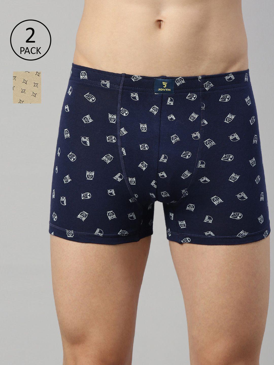 joven men beige & blue pack of 2 printed cotton trunks