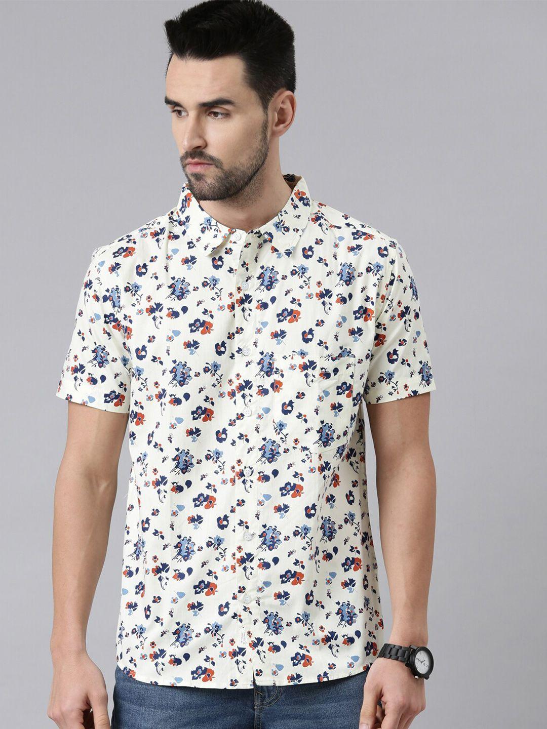 joven men cream-coloured comfort slim fit floral printed casual shirt