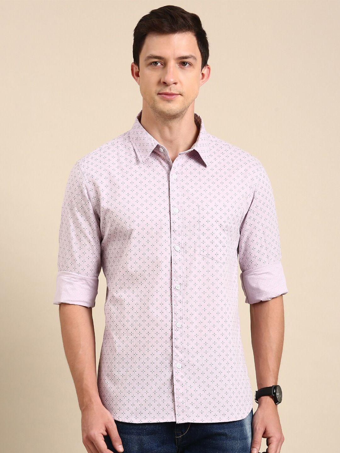 joven slim fit geometric printed spread collar chest pocket cotton casual shirt
