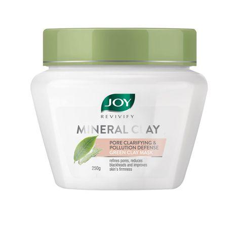 joy revivify green clay mask | pore clarifying and pollution defense mask | with green tea, hyaluronic acid, jojoba seed oil & lemongrass oil | no parabens | for all skin types | clay face mask, 250g
