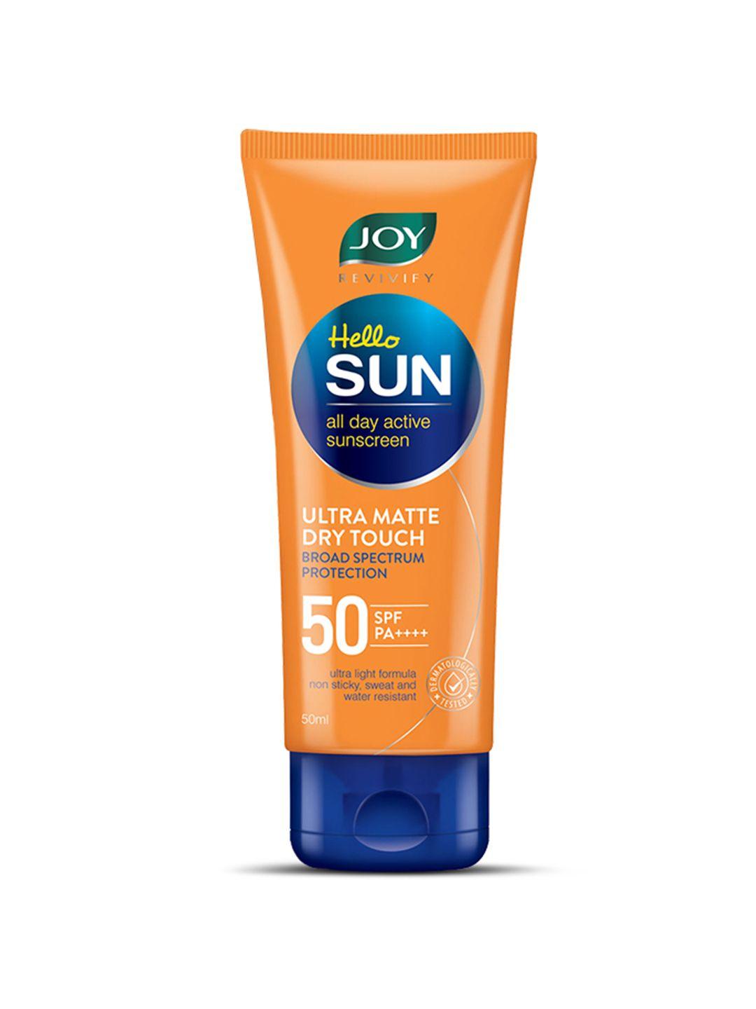 joy revivify hello sun spf 50 pa++++ ultra matte dry touch all day active sunscreen - 50 g