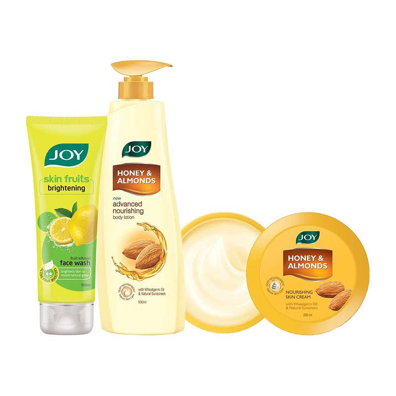 joy skin care combo - honey & almonds body lotion, skin cream & brightening lemon face wash (800ml)