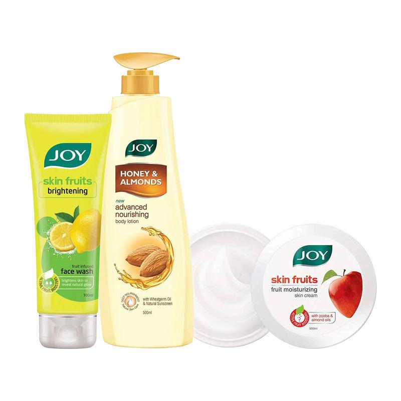 joy skin care combo- honey & almonds body lotion, moisturizing skin cream & lemon face wash(1100ml)
