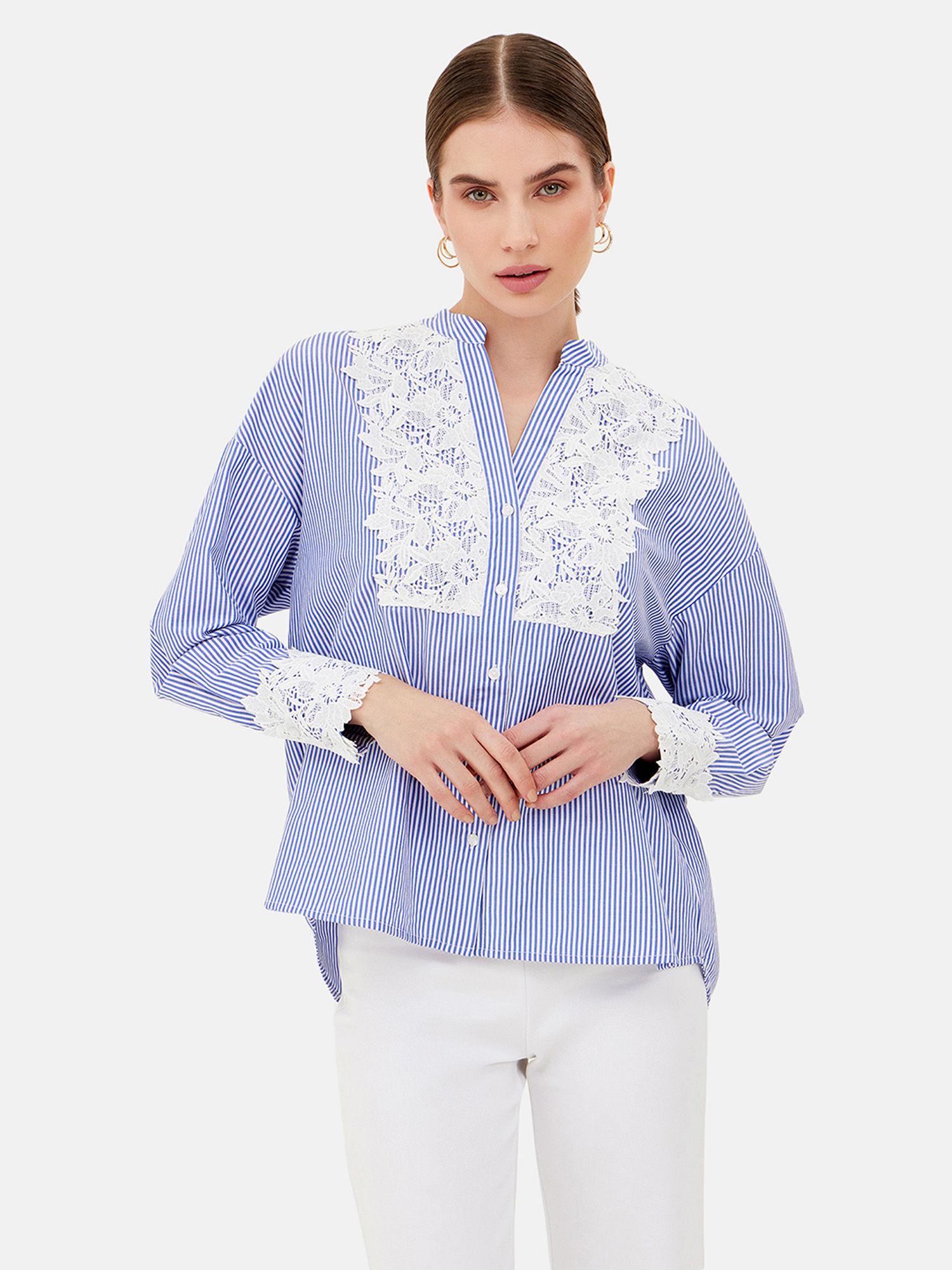 joy stripes full sleeves shirt with lace