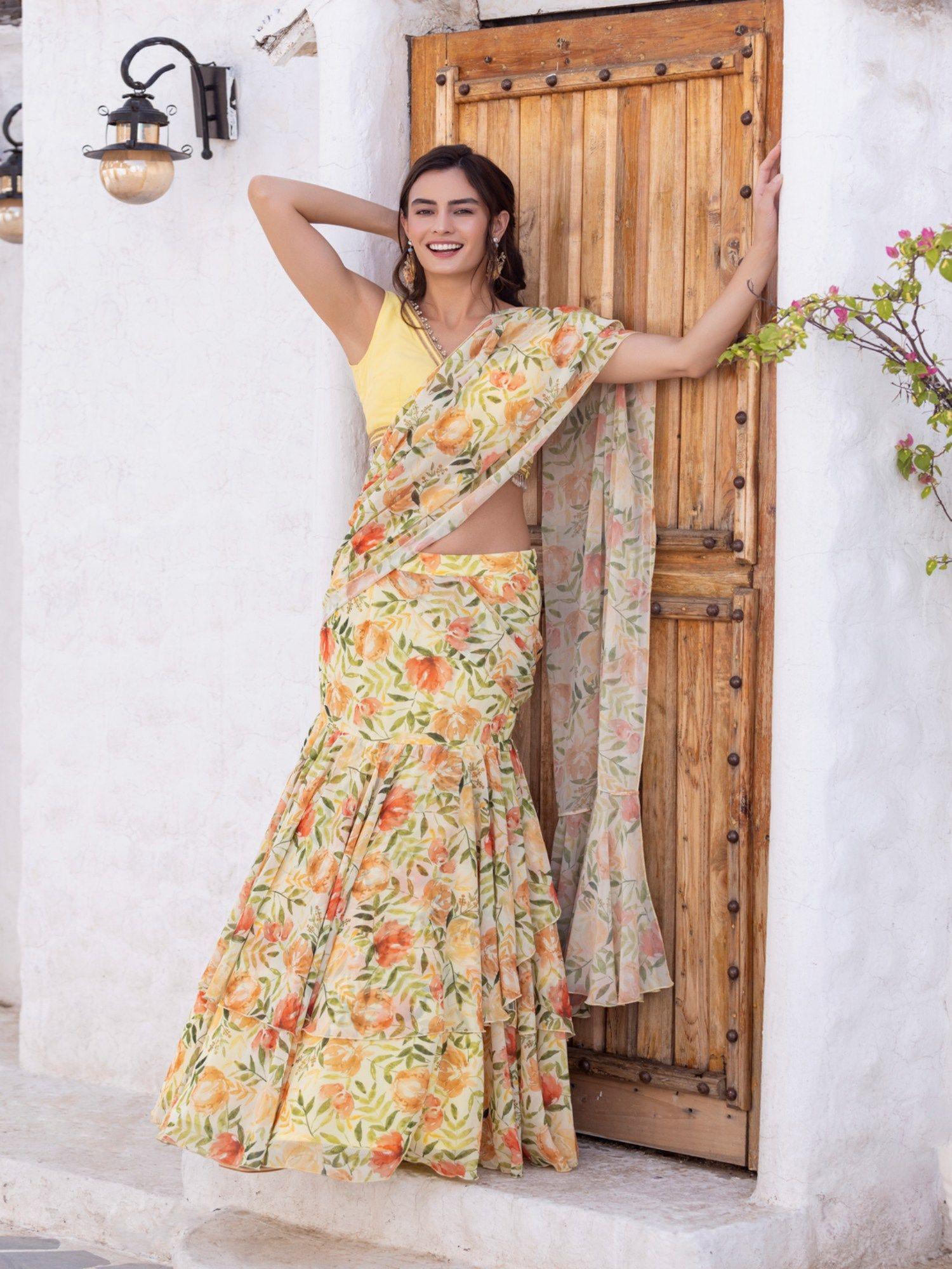 joyful marigold yellow saree with stitched blouse