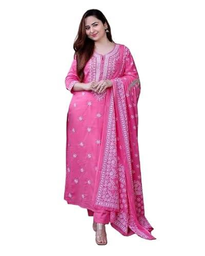 jrh fashions|| women's cotton rayon embroidered kurta pant set for women with dupatta|| beautiful v neck 3/4 sleeves embroidered work straight kurti with pant & dupatta set (large, pink)