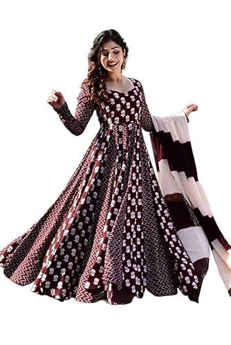 jrh fashions|| women's full sleeves round neck printed long anarkali kurta/gown with dupatta for party and casual wear (medium, maroon)