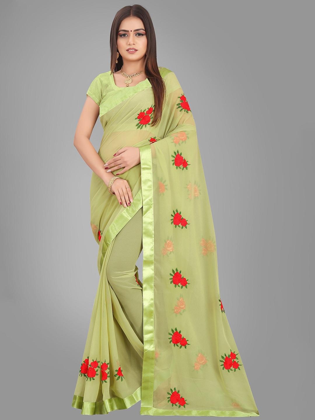 jsitaliya green & red floral patchwork pure georgette saree with unstitched blouse piece