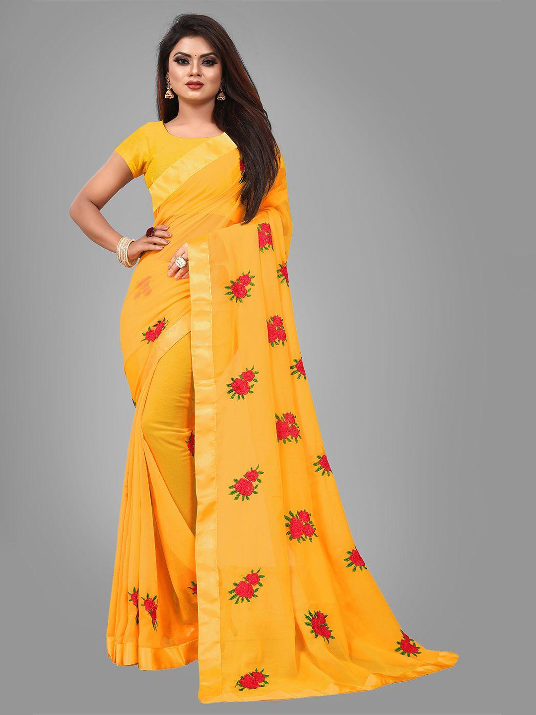 jsitaliya yellow & red floral pure georgette saree