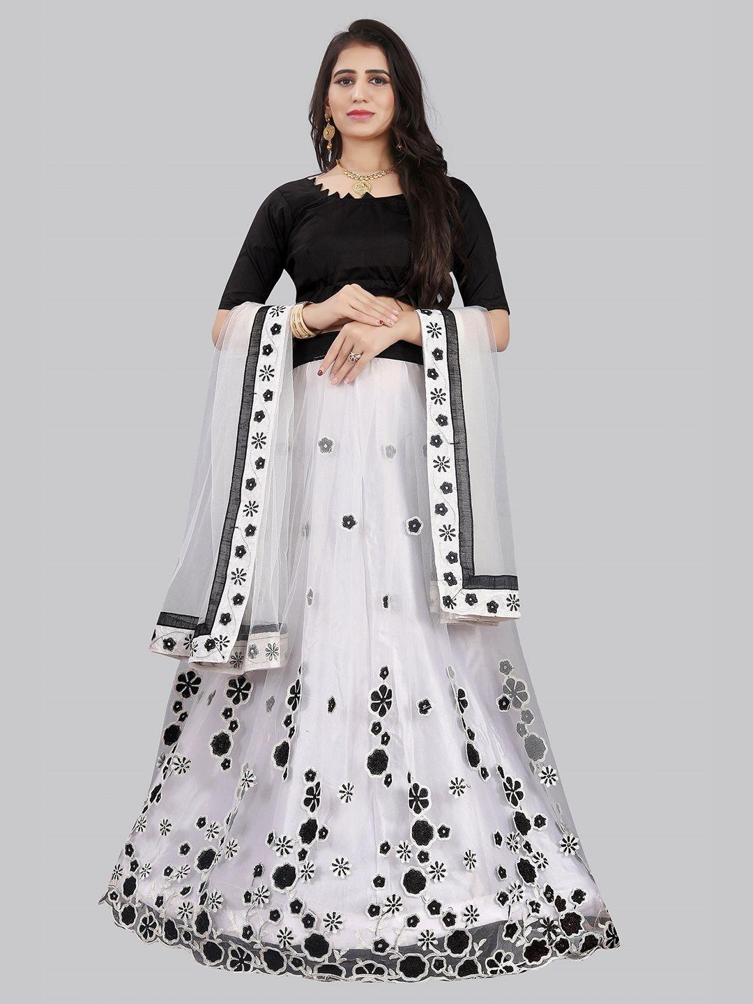 jsitaliya black & white thread work semi-stitched lehenga & unstitched blouse with dupatta