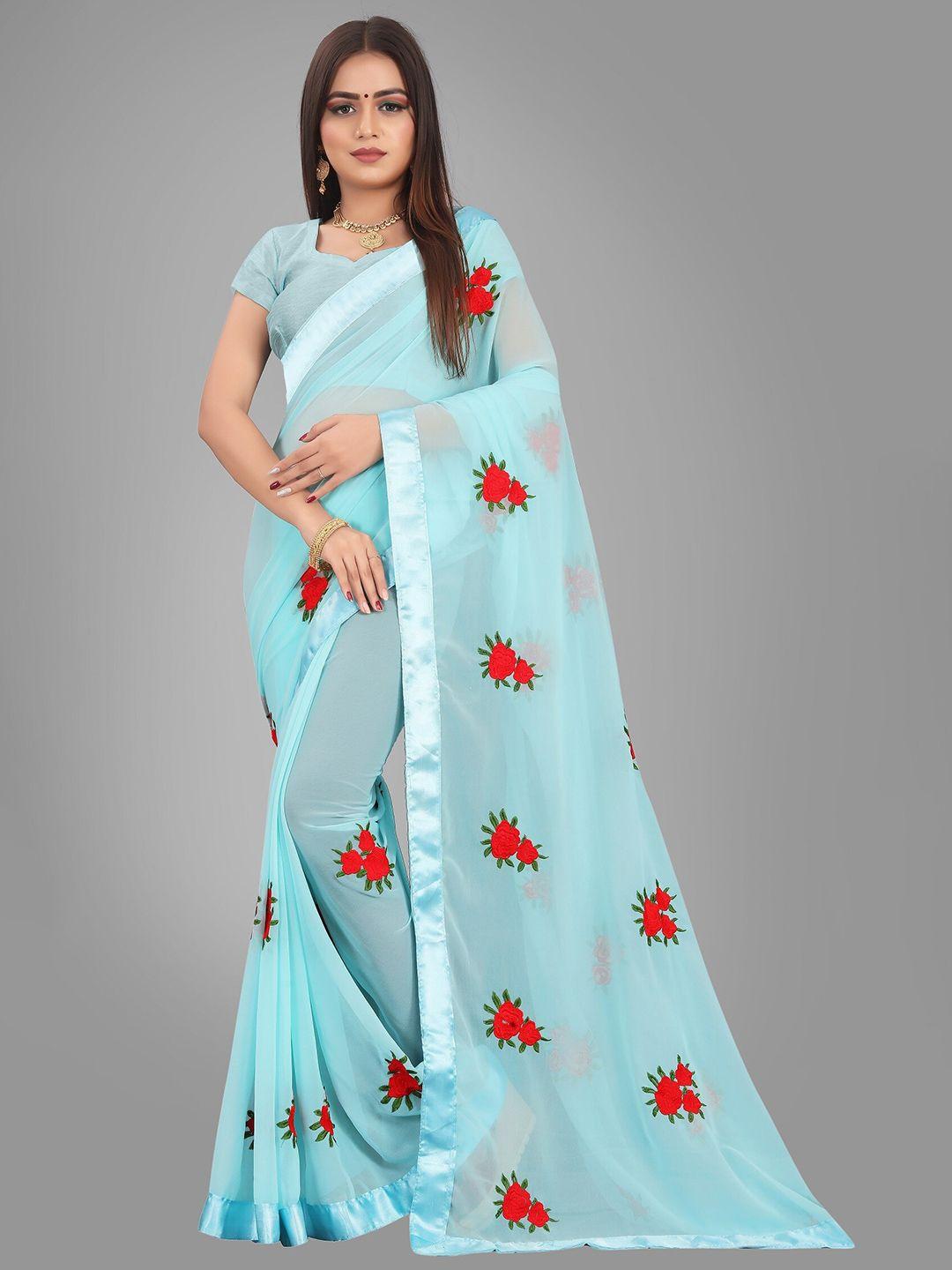 jsitaliya blue & red floral patchwork pure georgette saree