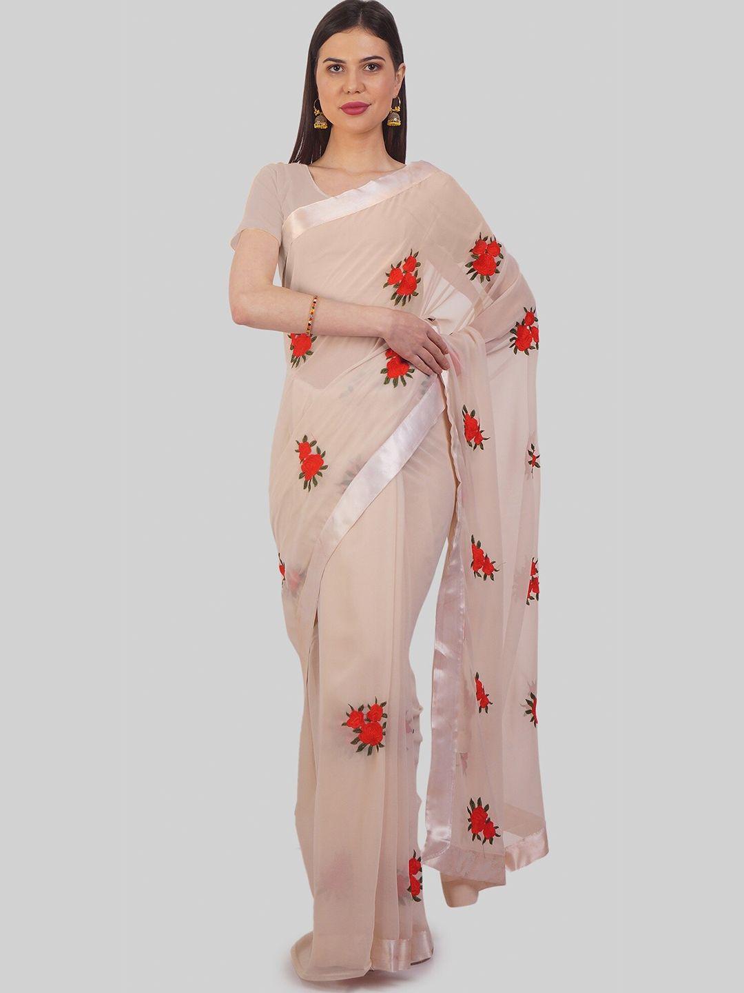 jsitaliya cream-coloured & red floral pure georgette saree