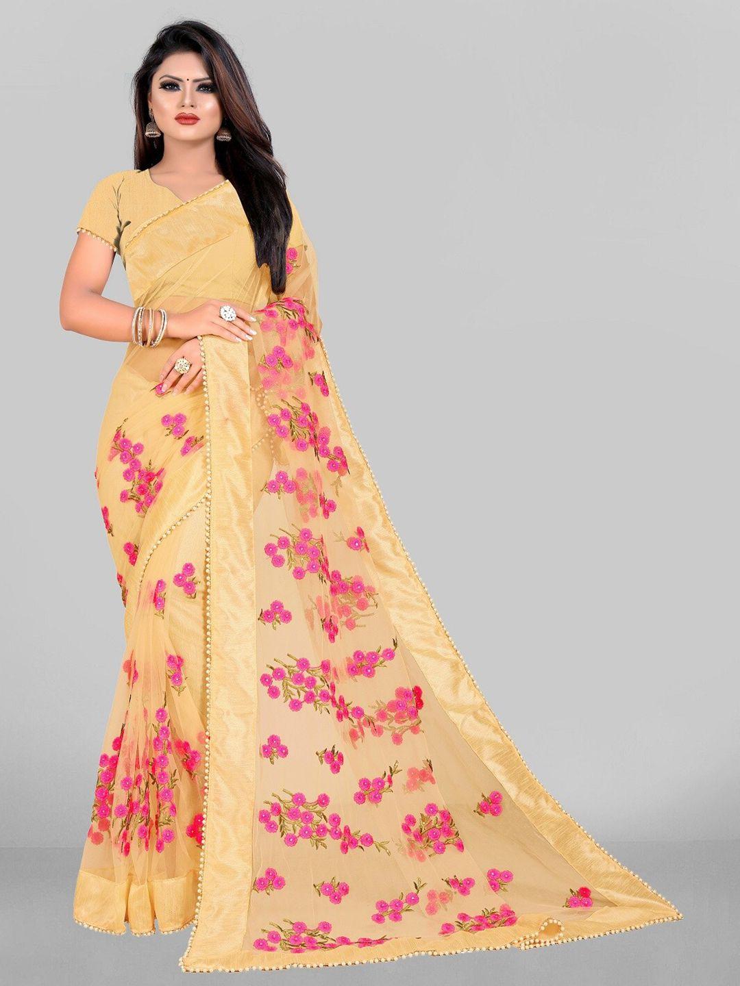 jsitaliya gold-toned & pink embellished embroidered net saree