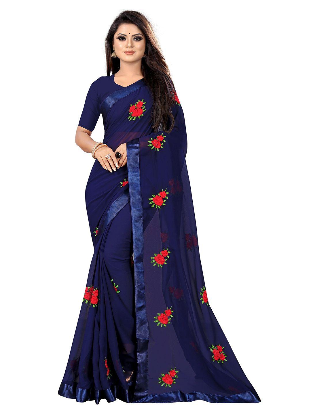 jsitaliya navy blue & red floral patchwork pure georgette saree