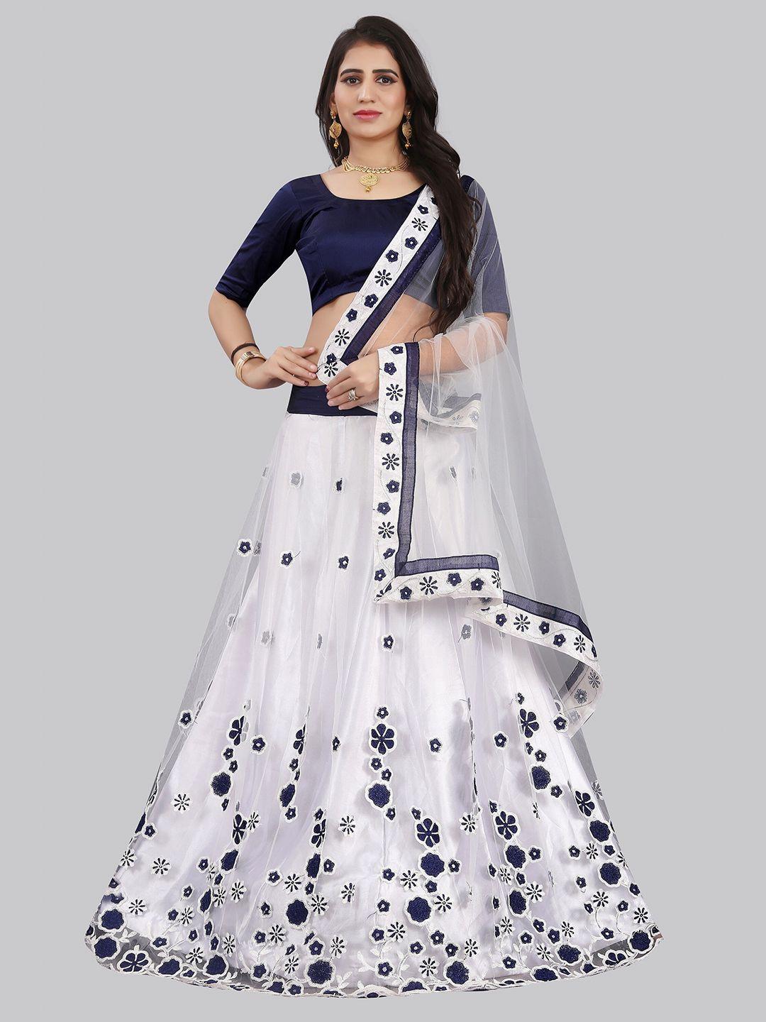 jsitaliya navy blue & white thread work semi-stitched lehenga & unstitched blouse with dupatta