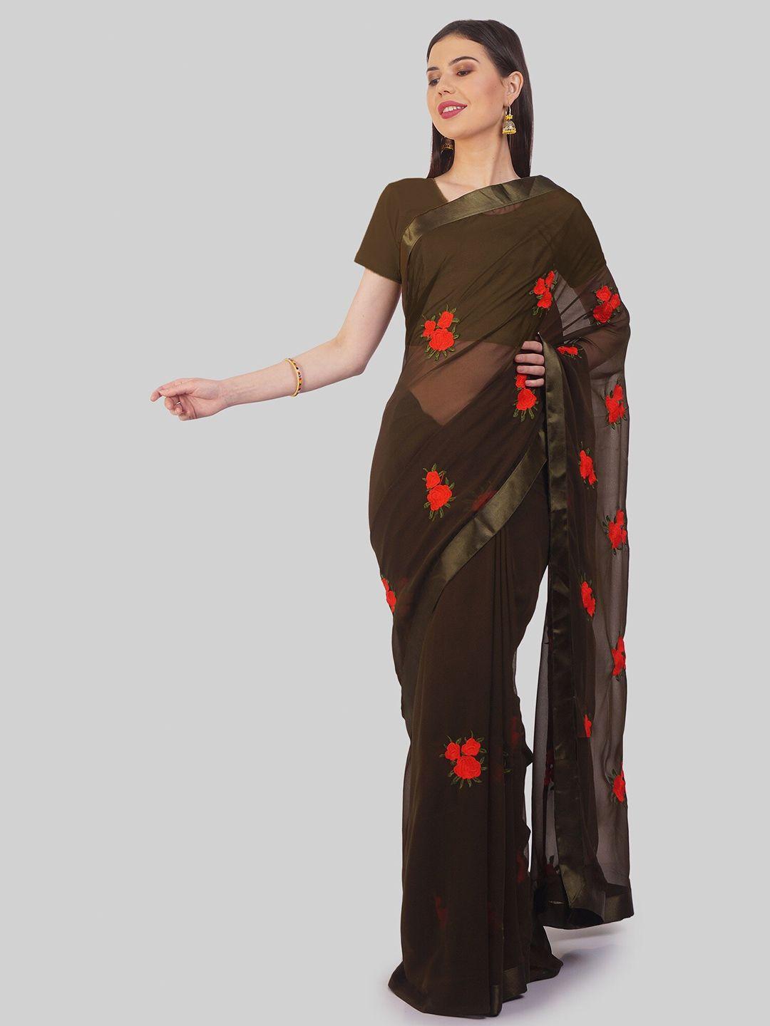 jsitaliya olive green & red floral patchwork pure georgette saree