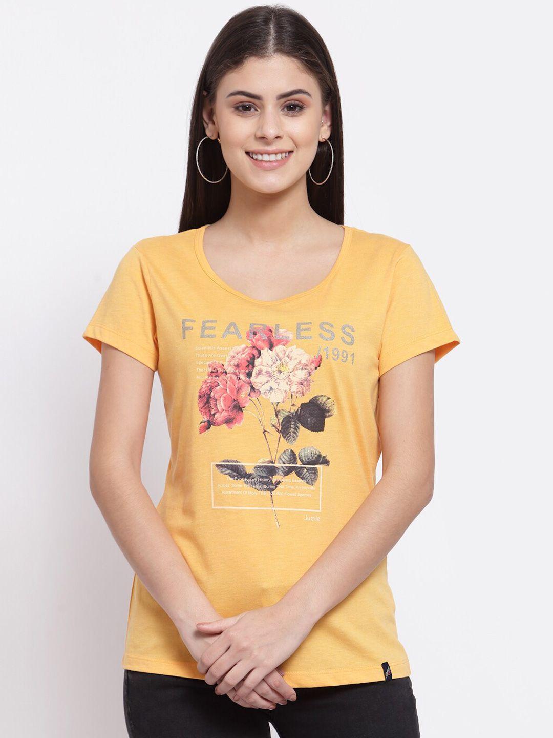juelle women mustard yellow & pink printed t-shirt