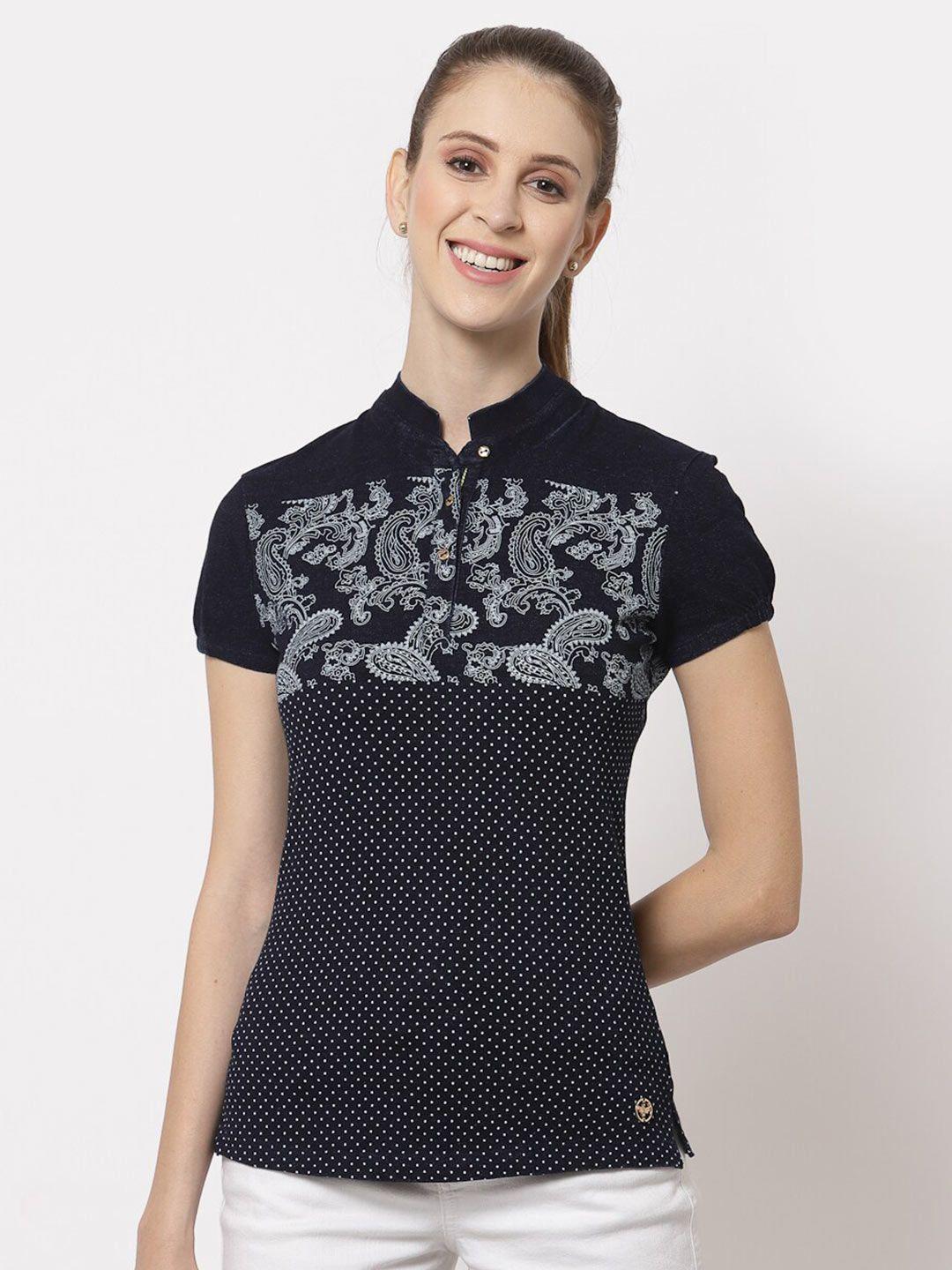juelle women navy blue printed mandarin collar slim fit t-shirt