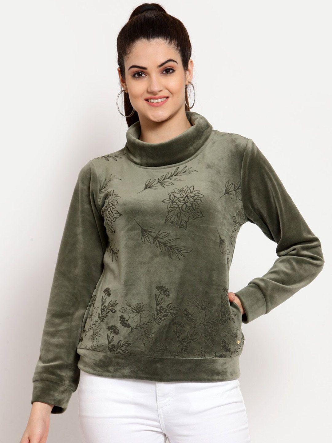 juelle women olive green floral printed mock collar sweatshirt