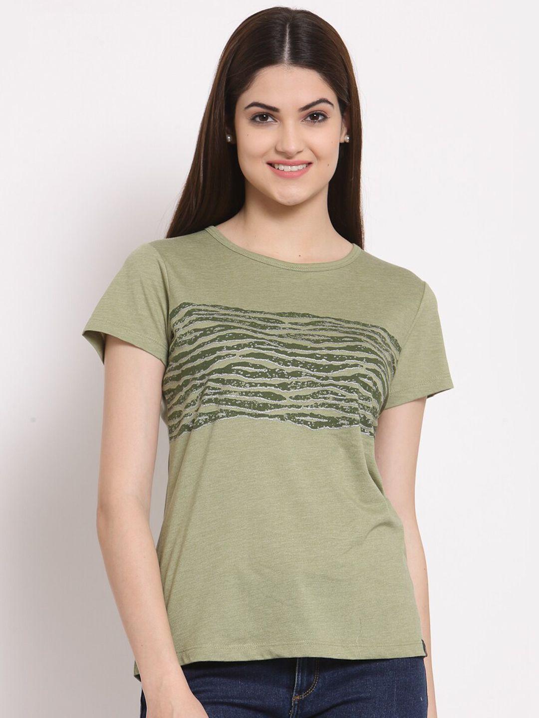 juelle women olive green printed round neck pure cotton t-shirt