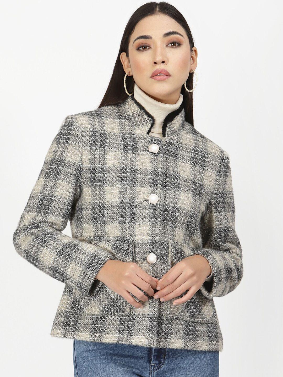 juelle women black checked stand collar over coat