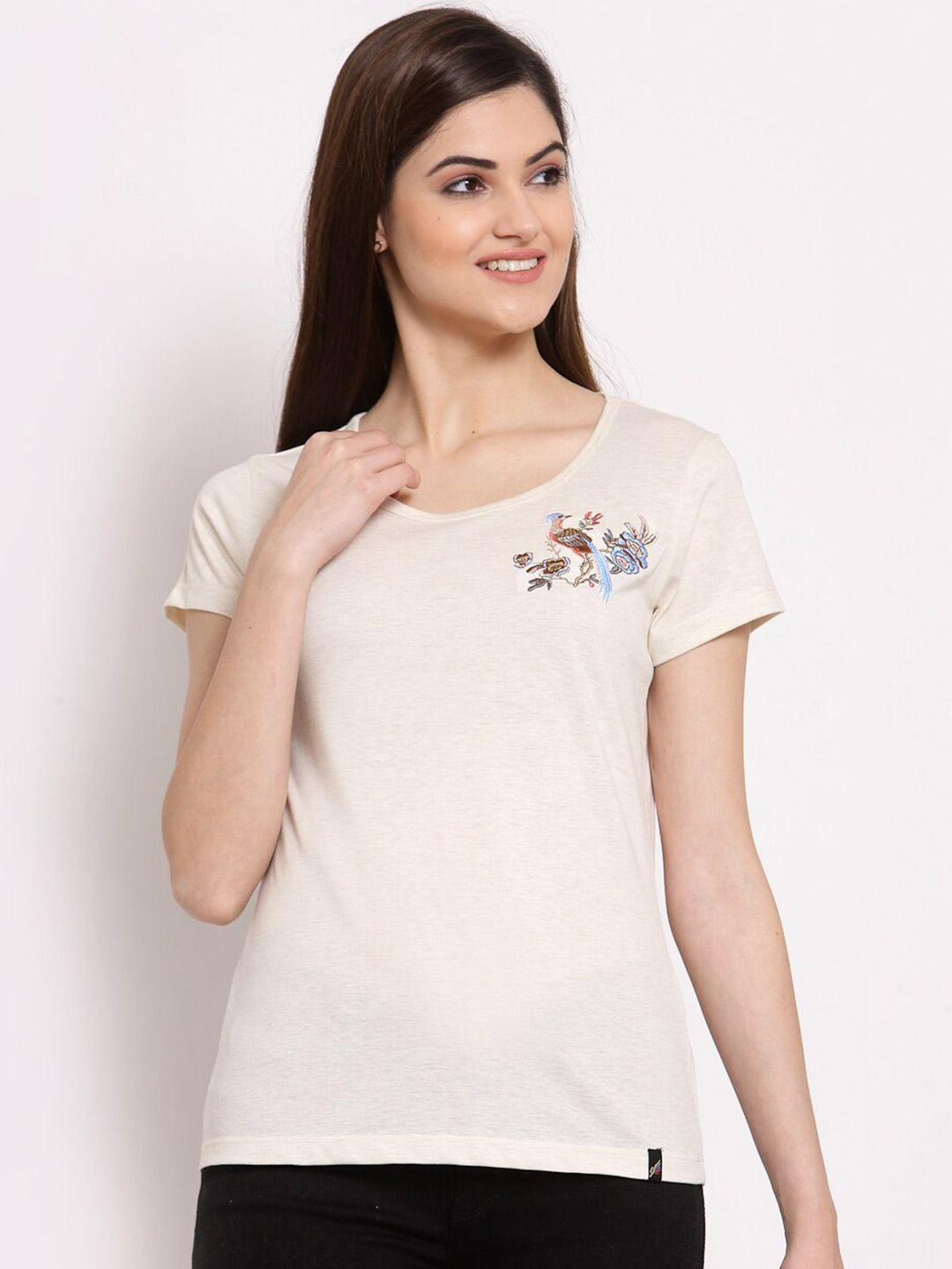 juelle women cream-coloured solid round neck pure cotton t-shirt with embroidery