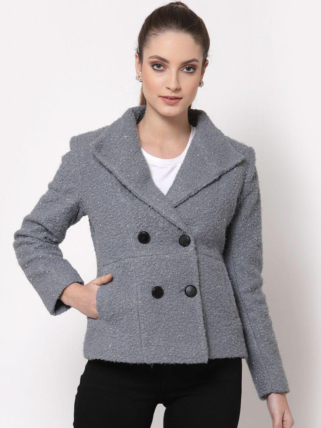 juelle women grey self design double breasted crop overcoat