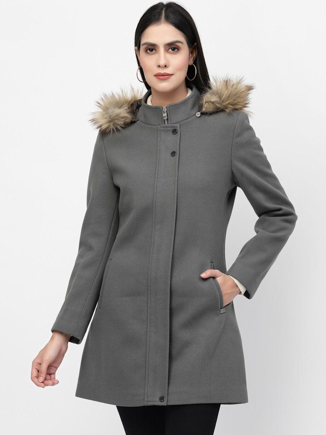 juelle women grey solid slim-fit single-breasted longline over coat