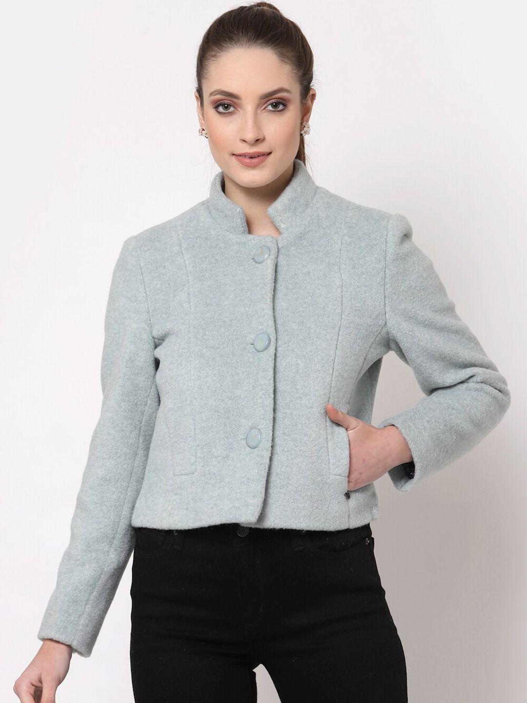 juelle women grey solid stand collar over coat