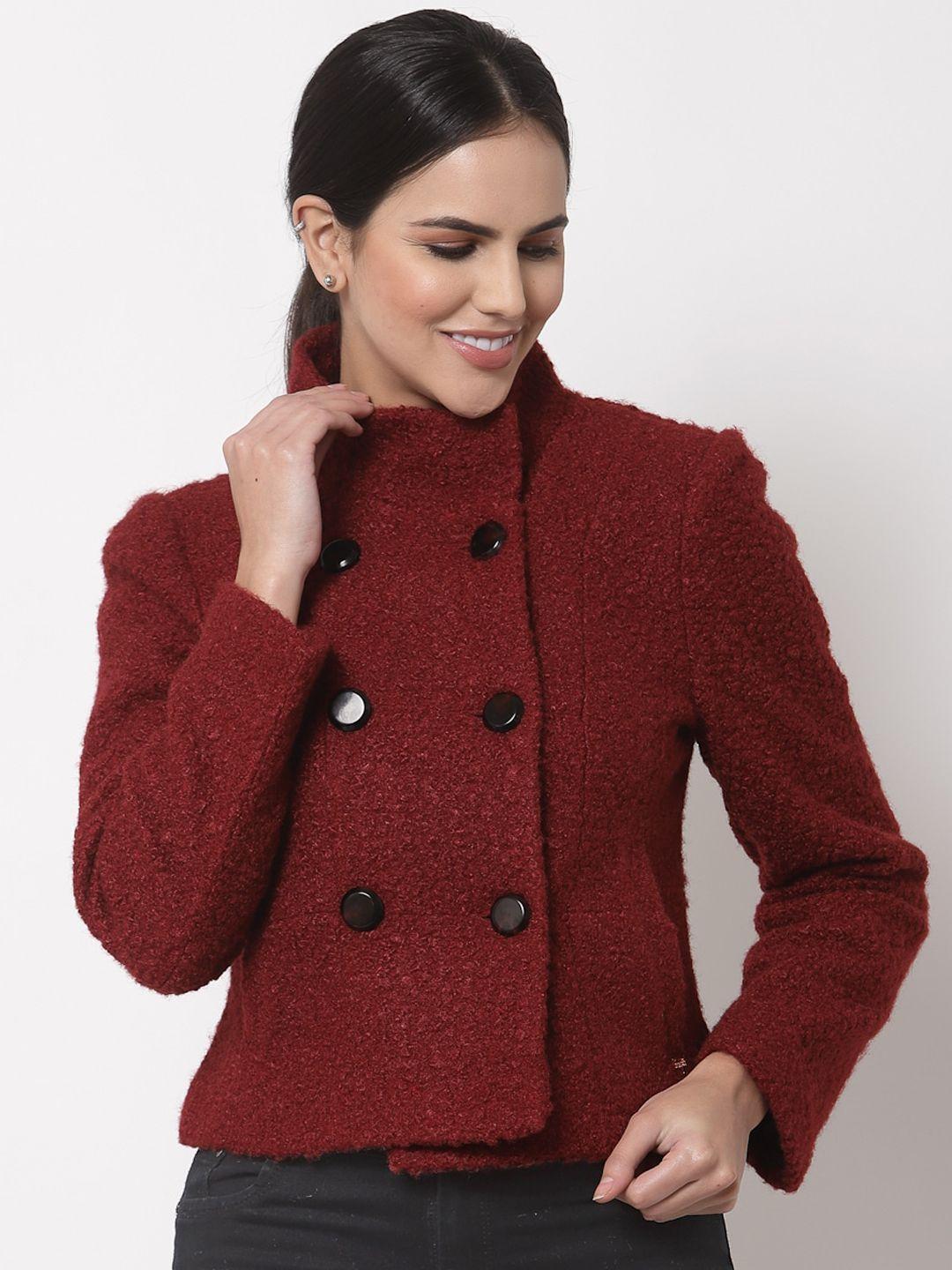 juelle women maroon solid crop pea coat