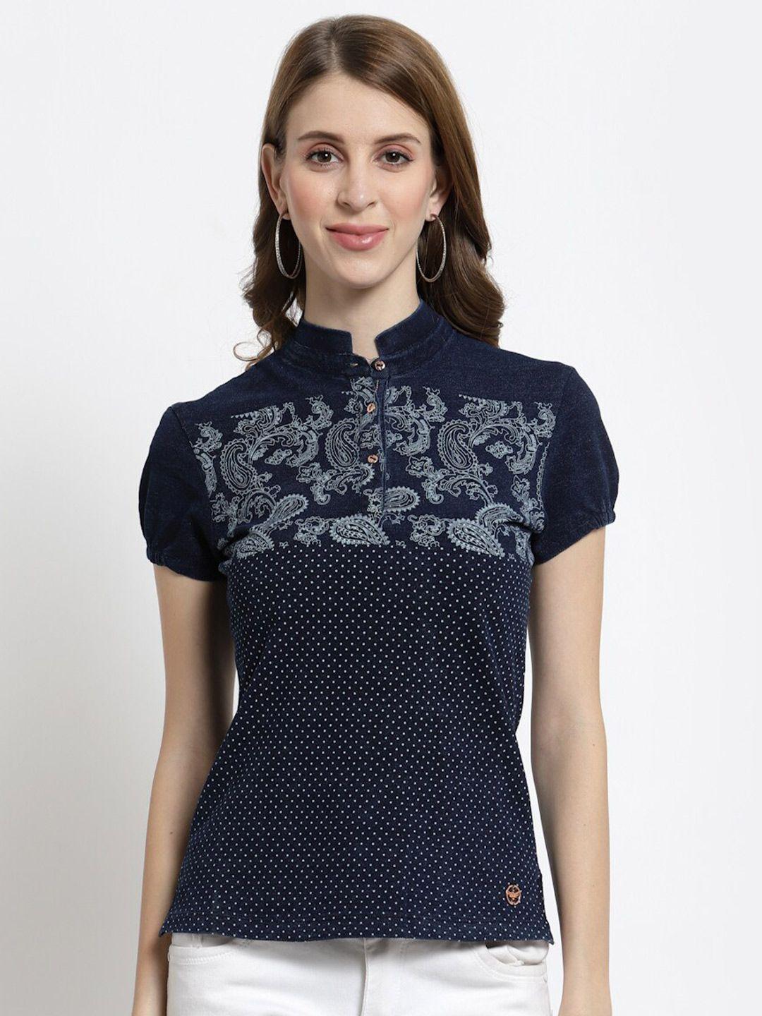 juelle women navy blue floral printed mandarin collar slim fit t-shirt