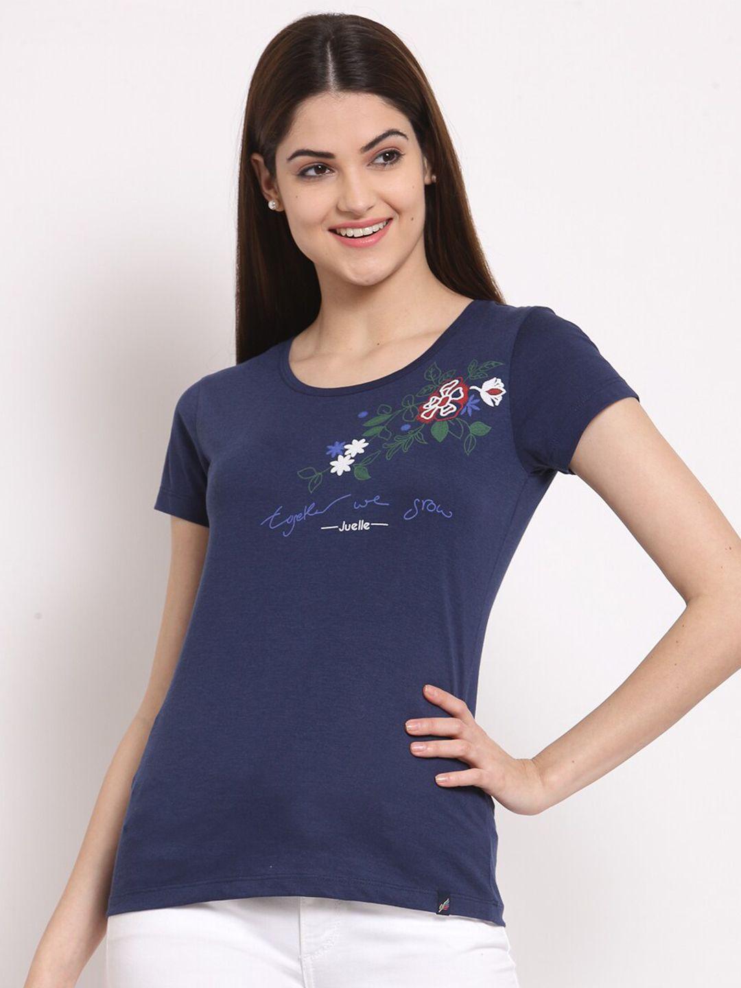 juelle women navy blue floral printed round neck pure cotton t-shirt