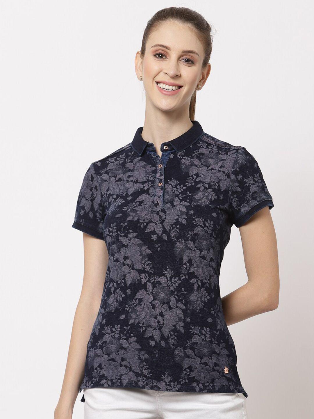juelle women navy blue printed polo collar slim fit t-shirt