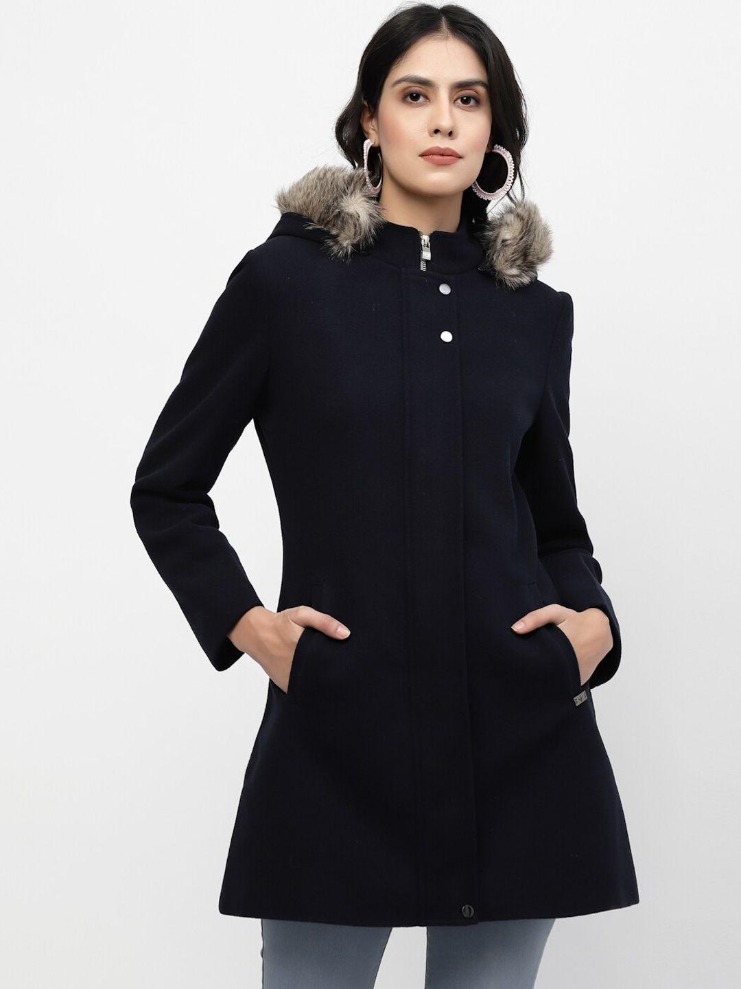 juelle women navy blue solid slim-fit longline overcoats