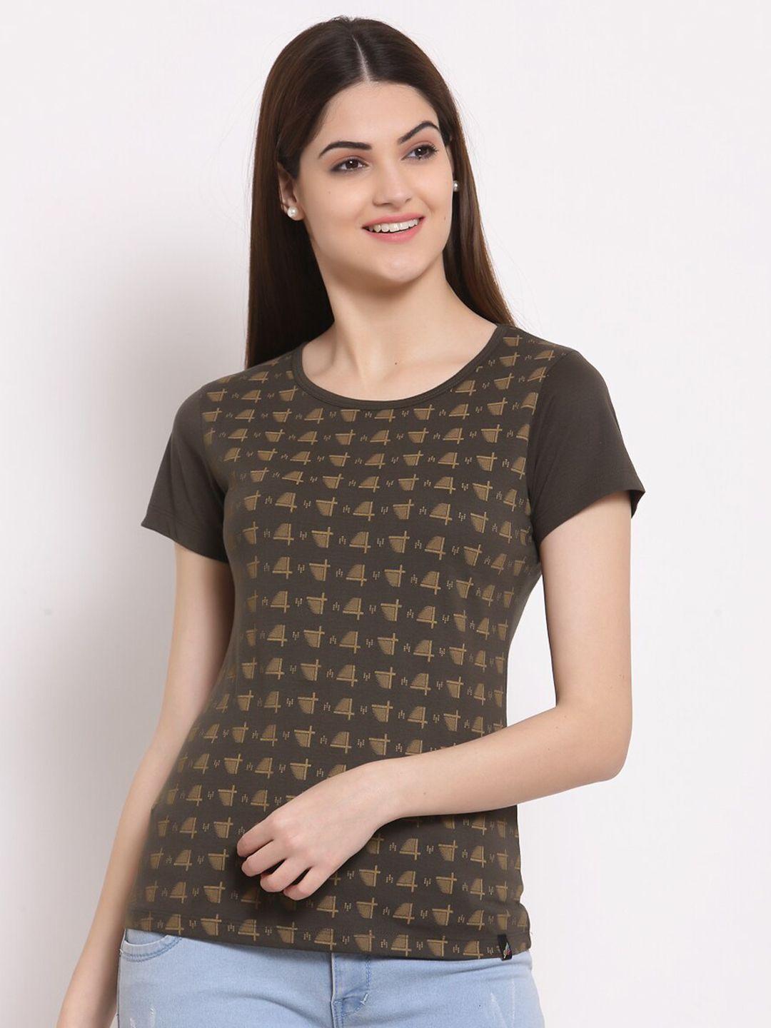 juelle women olive brown printed round neck pure cotton t-shirt