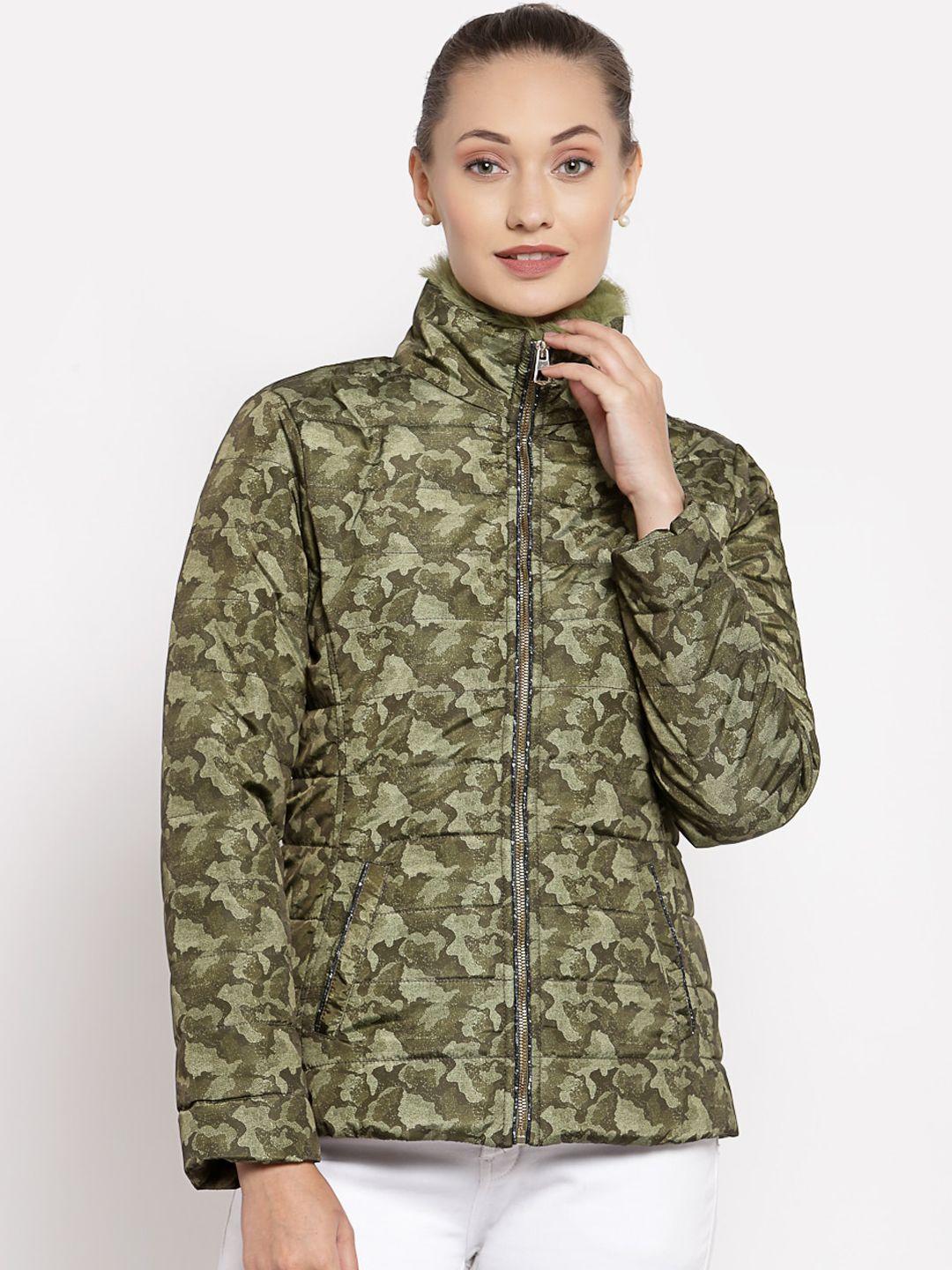 juelle women olive green camouflage printed regular fit padded jacket